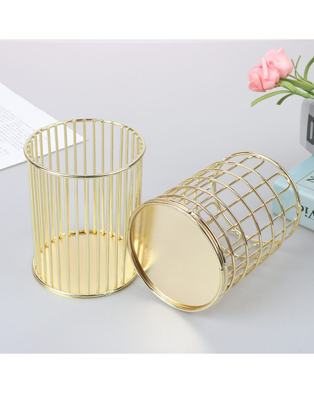 Desktop Pen Holder Rose Gold Box Desk Pen Pencil Organizer Home Decor Makeup Storage Office School Storage Case front-3