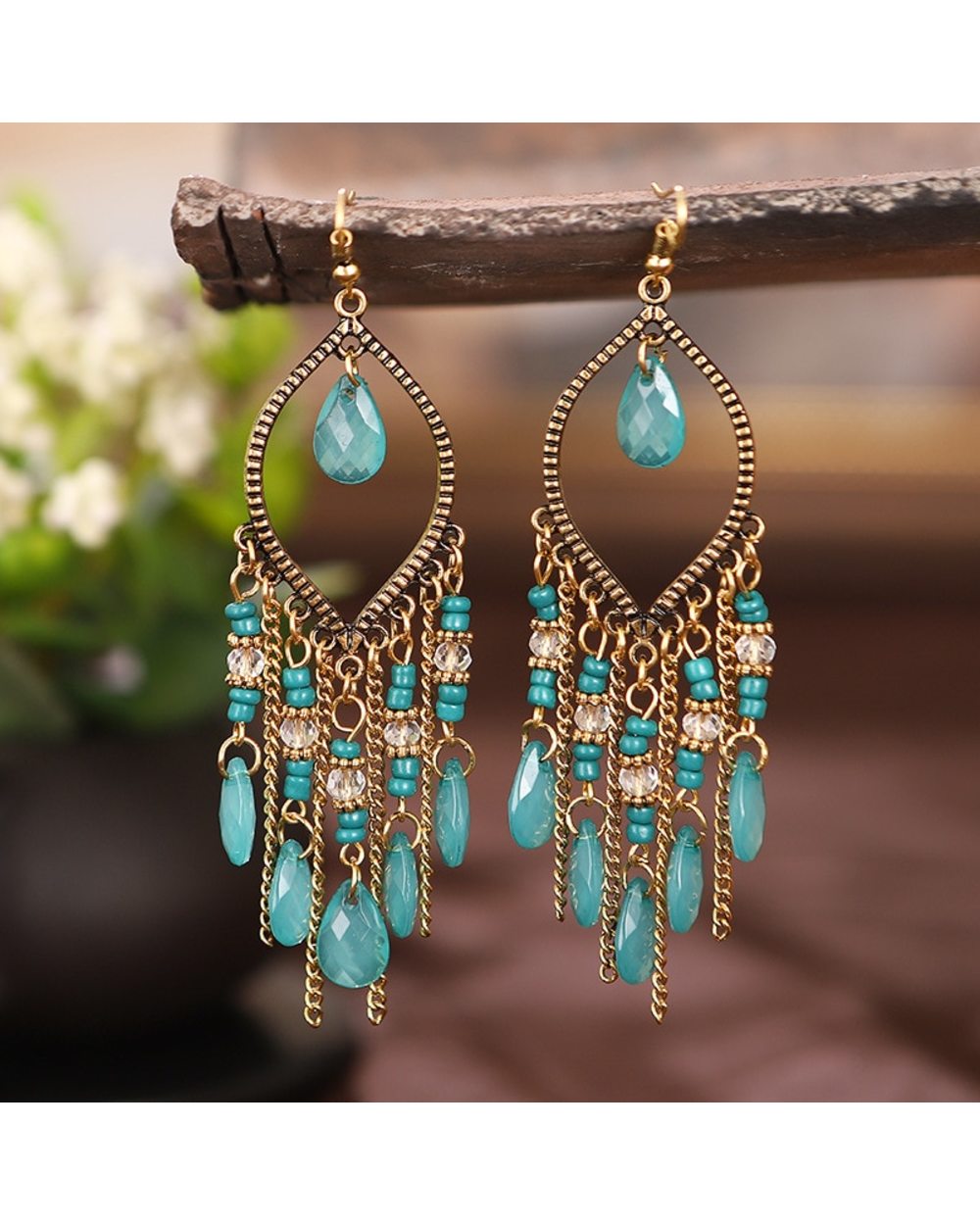 Antique Gold Plated Long Water Drop Tassel Earrings WCS front-0