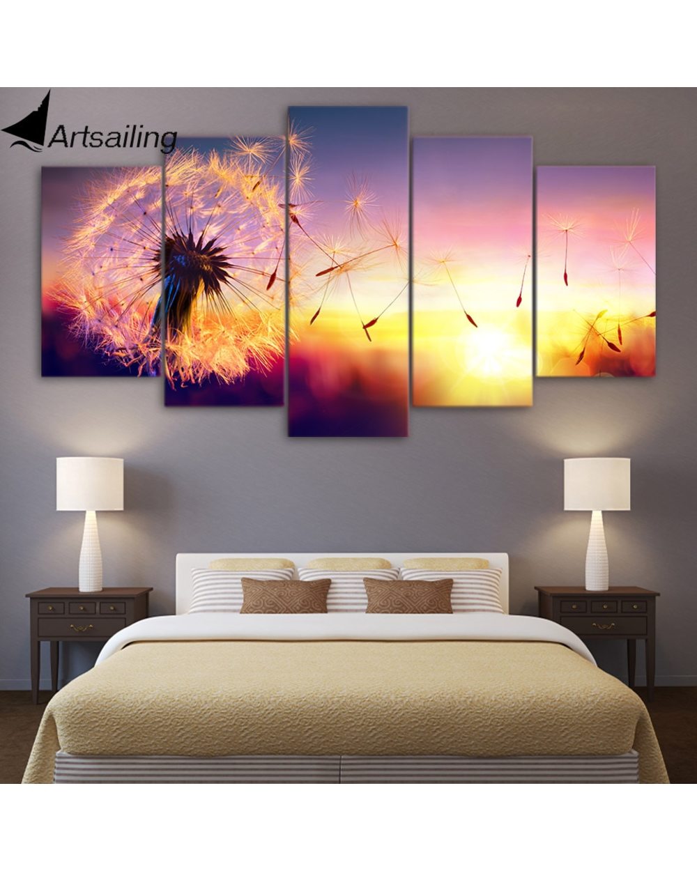Dandelion Flying in Sunset Inspirational Picture 5 Panel Canvas Art Wall Decor front-3