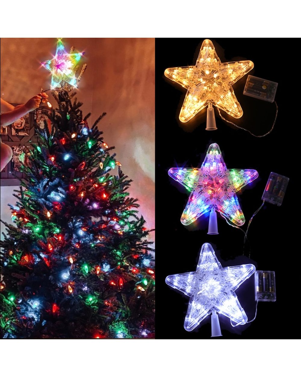 Christmas Tree Star Topper LED Lighted Star Christmas Tree Top Decor Battery Powered Noel 2022 Xmas Warm Light Ornaments front-5