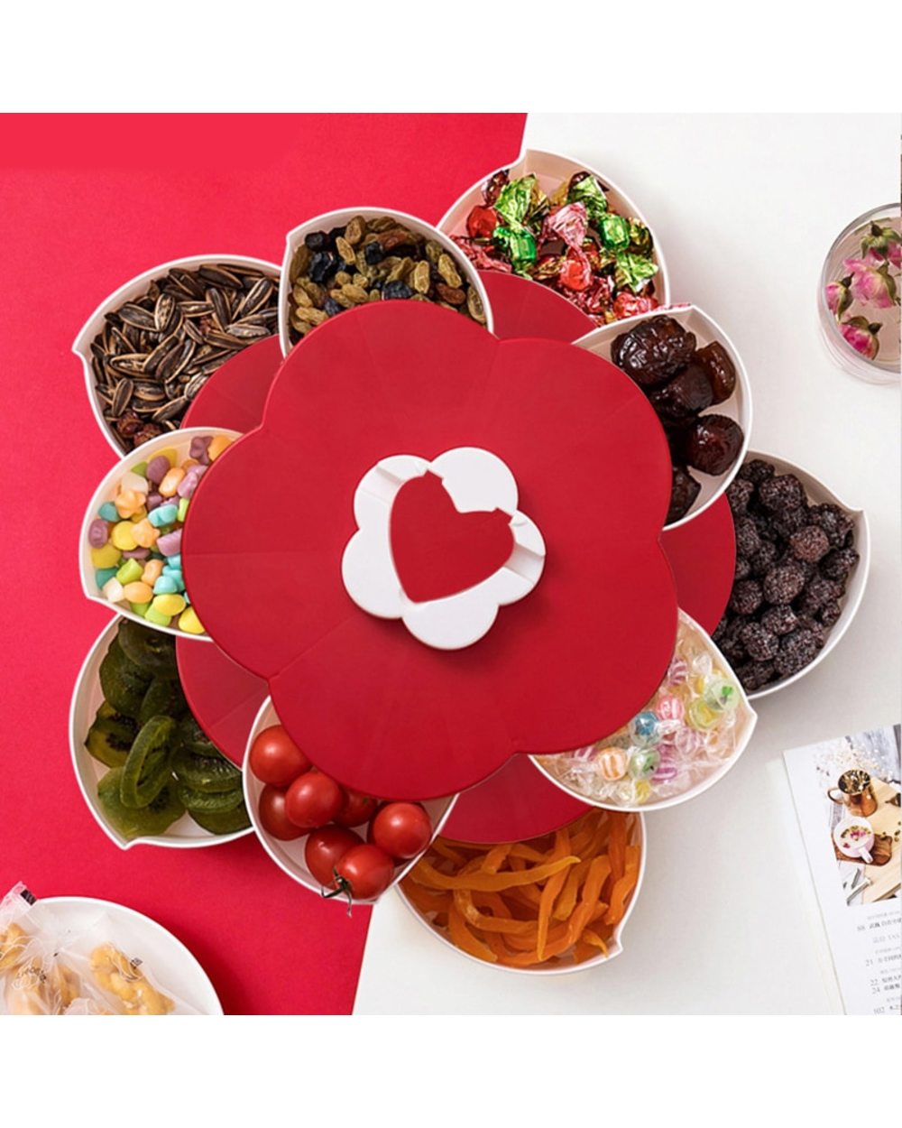 Petal-Shape Rotating Candy Box Snack Nut Box Flower Candy Food Storage front-3