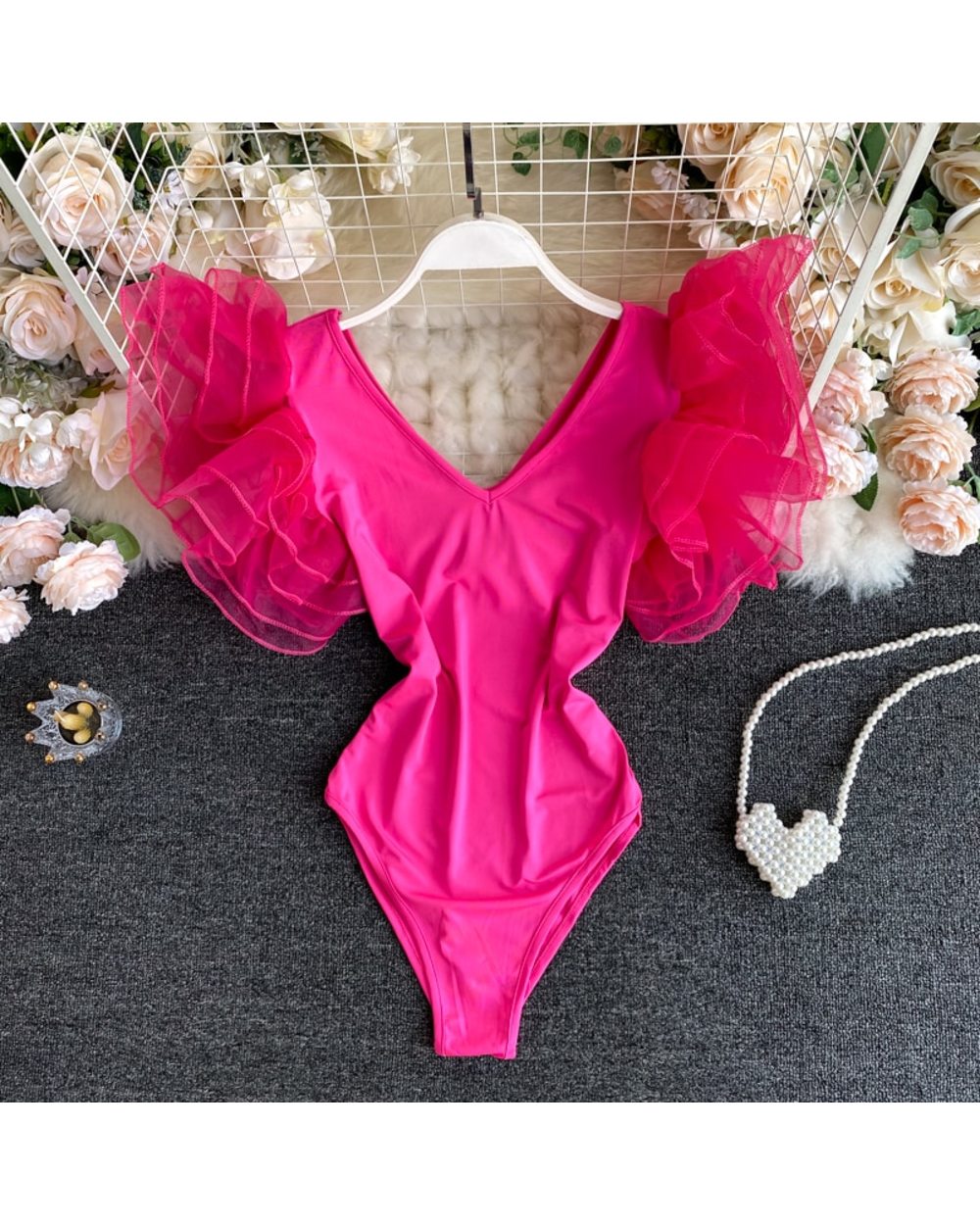 Women Girl Soild V Neck Mesh Ruffle Lotus Leaf Sleeve Bodysuits Swim Beach Holiday Bodysuit Rompers Outfit front-0
