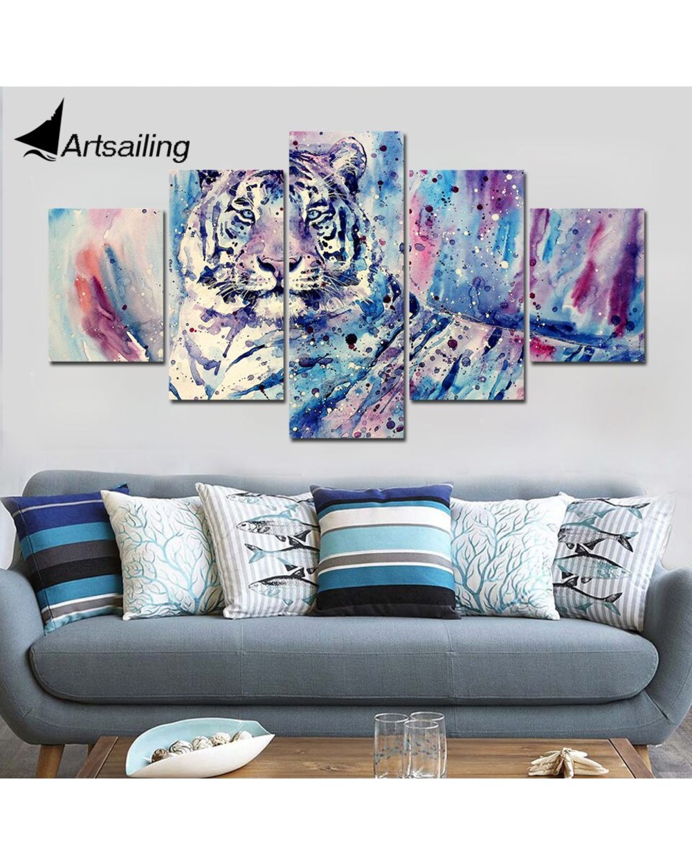Animals Tiger Blue Purple Pink Tone Painting Print Animal 5 Panel Canvas Art Wall Decor front-3