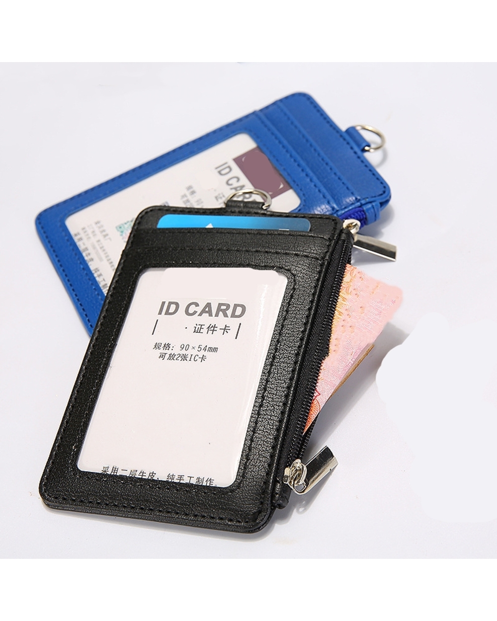 1Pc Leather Id Badge Card Holder Lanyard Zipper Card Case Business Card Holder Organizer Portable Wallet front-0