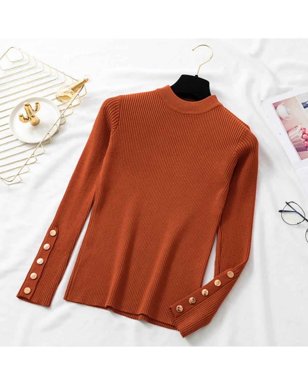 Autumn winter women thick sweater pullovers long sleeve button o-neck chic Sweater Female Slim knit top soft jumper tops front-2