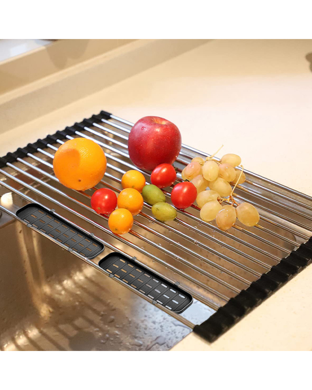 Foldable Stainless Steel Dish Drainer Roll Up Dish Drying Rack Shelf Kitchen Sink Holder Organizer Bowl Tableware Plate front-4