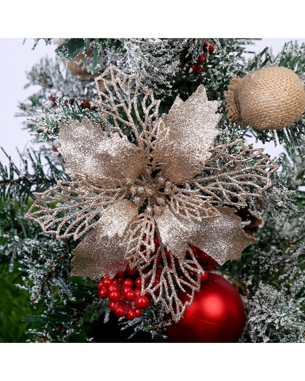 5pcs 15cm Hollow Out Glitter Artifical Christmas Flowers Navidad Xmas Tree Ornaments For Home Party Fake Flower Decor front-2