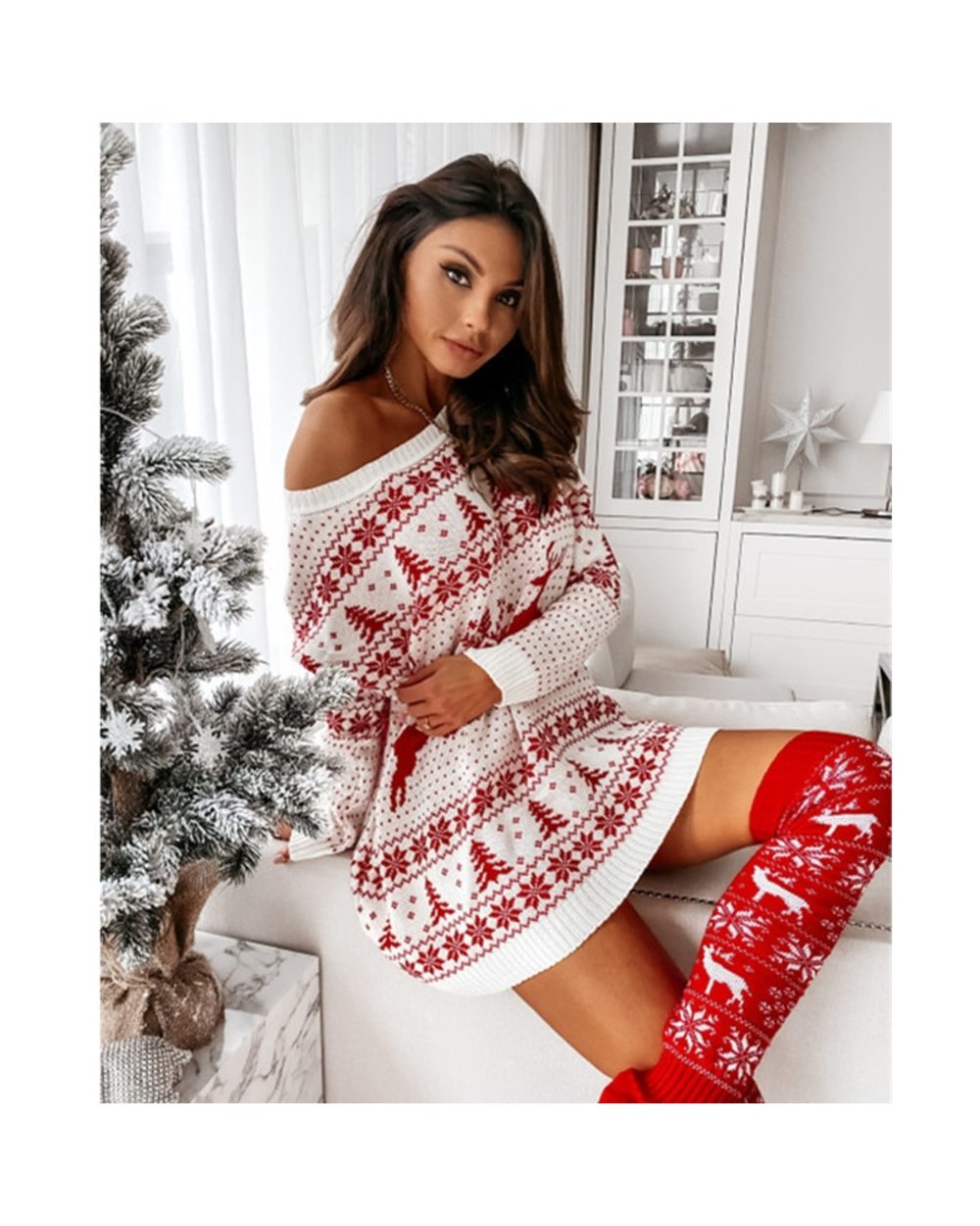 Women Christmas Sweater Dress Autumn Winter Long Sleeve Off Shoulder Kniteed Casual Pullover Oversized Fashion Jumper front-3