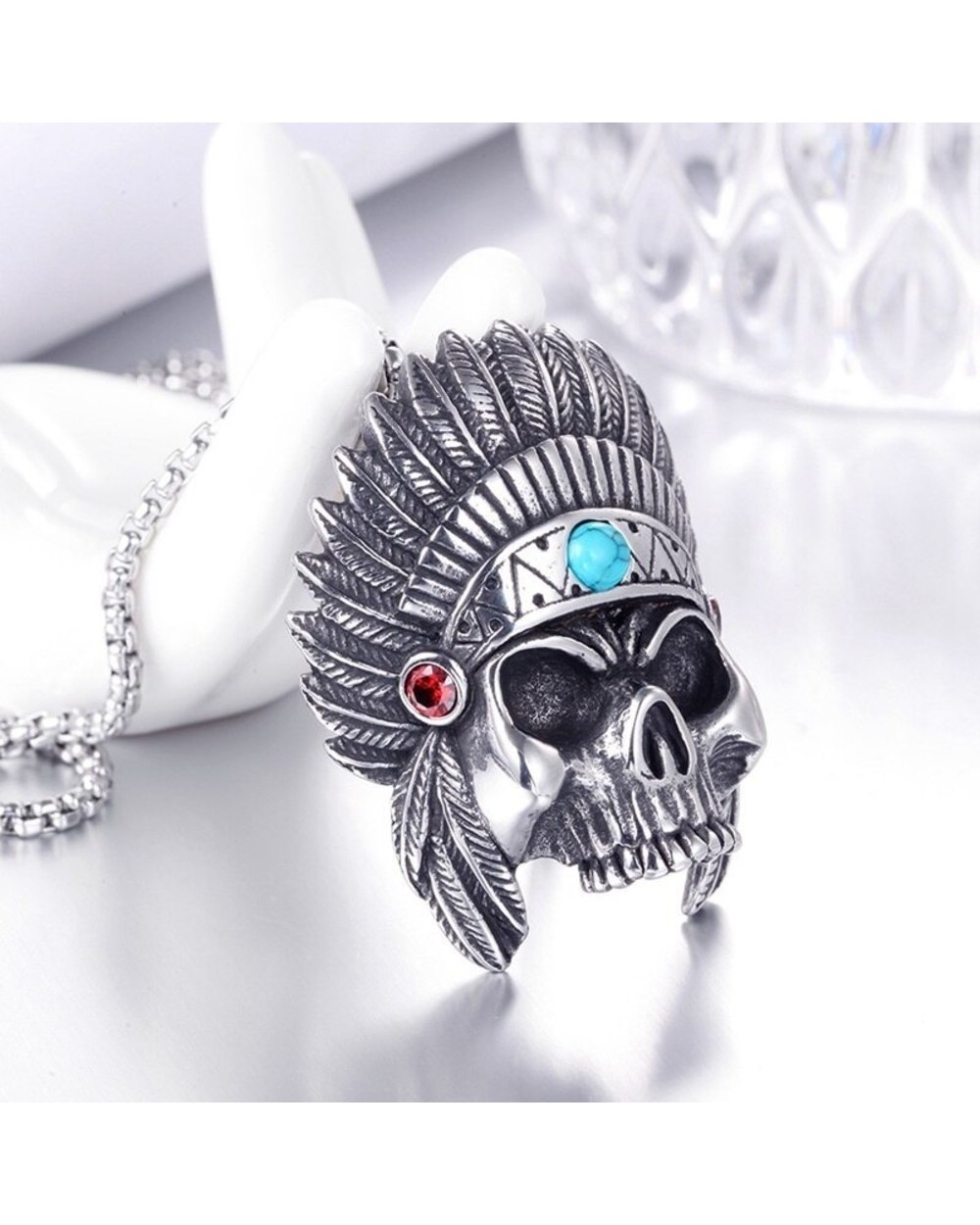 Skull Head African Chief Pendant Necklace Men's Necklace Vintage Sliding Metal Silver Plated Skeleton front-3