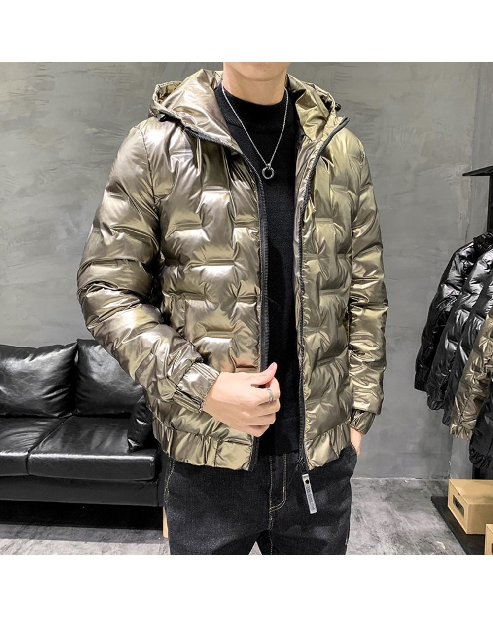 Shiny Men's Jacket Coat 2022 Winter Men Short Thick Cotton Coat Jacket Fashion Stand Collar Slim Clothes Winter Coat Men front-2