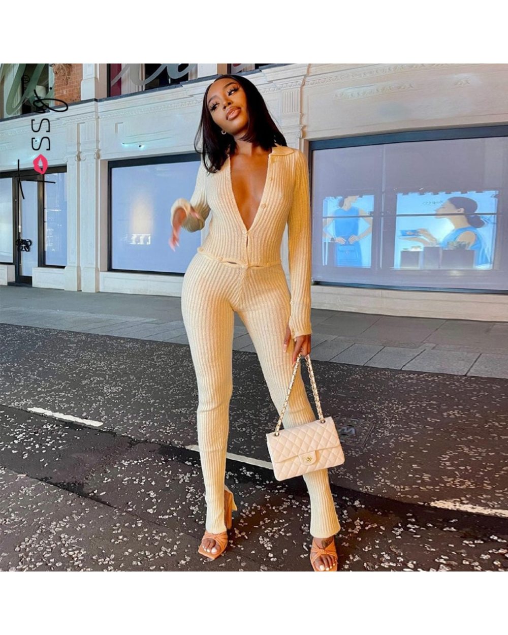 Tossy Skinny Two Piece Set Women Knit V-Neck Long Sleeve Top And Pants Female Jumpsuits 2 Piece Outfits Sexy Femme Match front-0