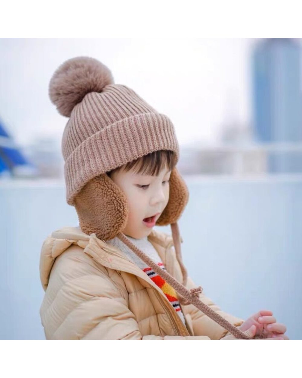 Children Winter Cap New Fashion Wool Windproof Warm Earflaps Cotton Cute Knitted Cashmere Hat With Pompoms 3-8 Year front-1