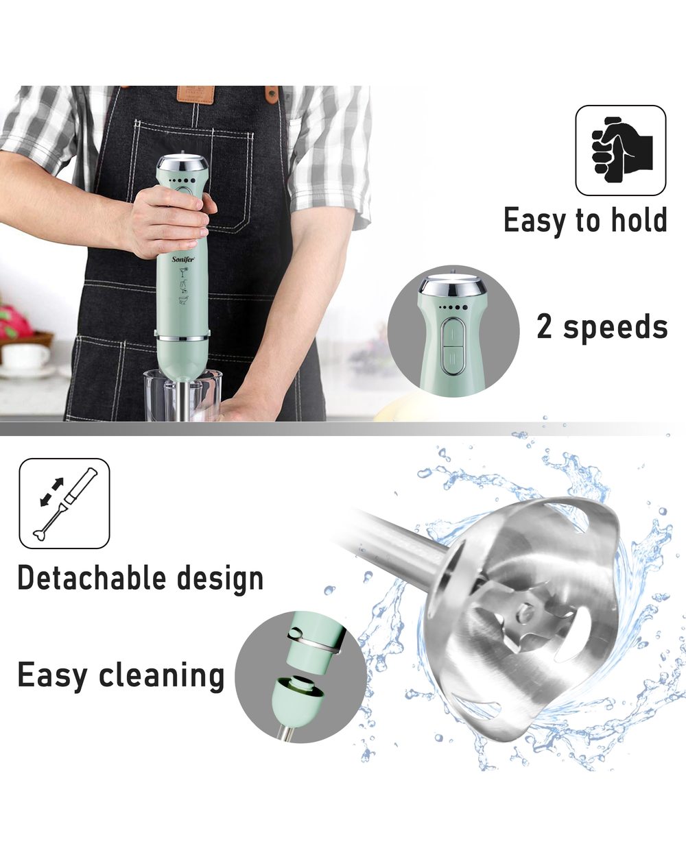 Hand Blender 1000W High Power 2 Speeds Food Mixer Electric Four-Blade Ice Crushing Kitchen Vegetable Fruit Stirring Gif front-3