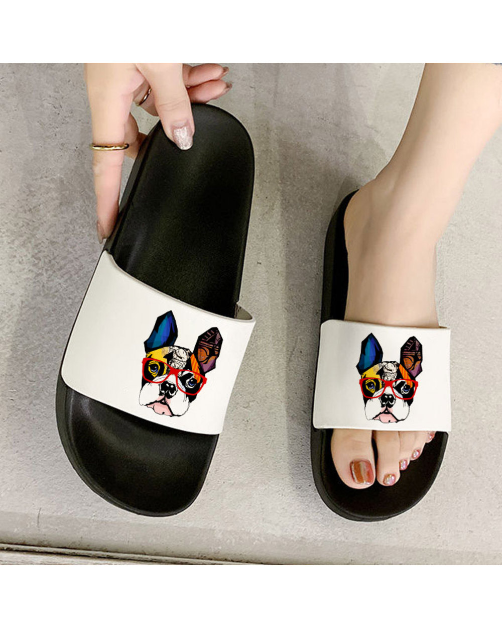 Slipper Cute Bulldog Printed Slides Sandals Flats Shoes Summer Slippers of Women front-0