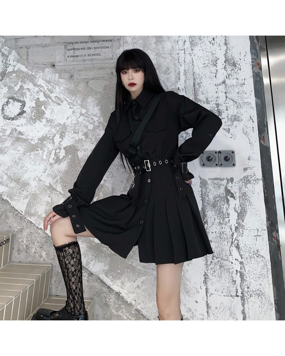 JMPRS Gothic Women Shirt Dress Elegant Belt Black Pleated Mini Dress Spring Sexy High Waist Club Party Vestidos front-3