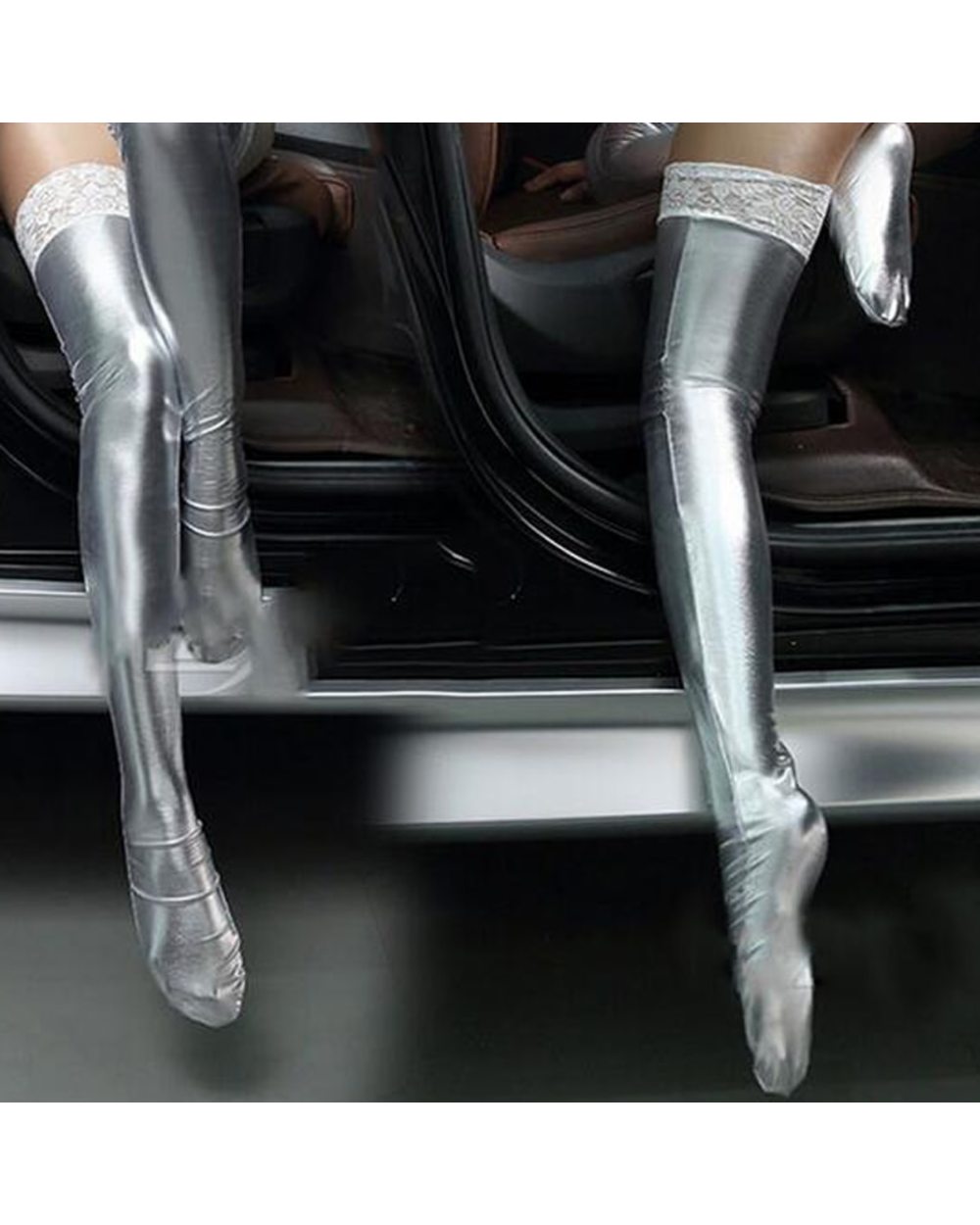 Thigh High Stockings Women Lingerie Wet Look Patent Leather Sexy Club Party Erotic Lace Floral Black Stockings front-1