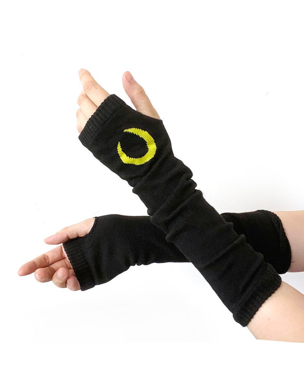 Punk Emo Style Streetwear Women Wrist Arm Warmer Knitted Long Fingerless Gloves Black Mitten Halloween Cross Gloves Dar front-3