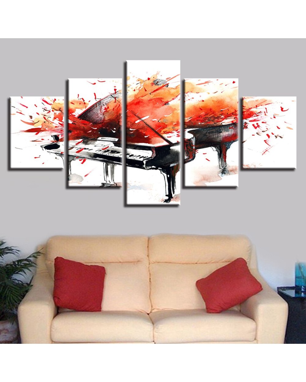 Graffiti Music Piano Watercolor Splash Effect Picture Print Music 5 Panel Canvas Art Wall Decor front-0