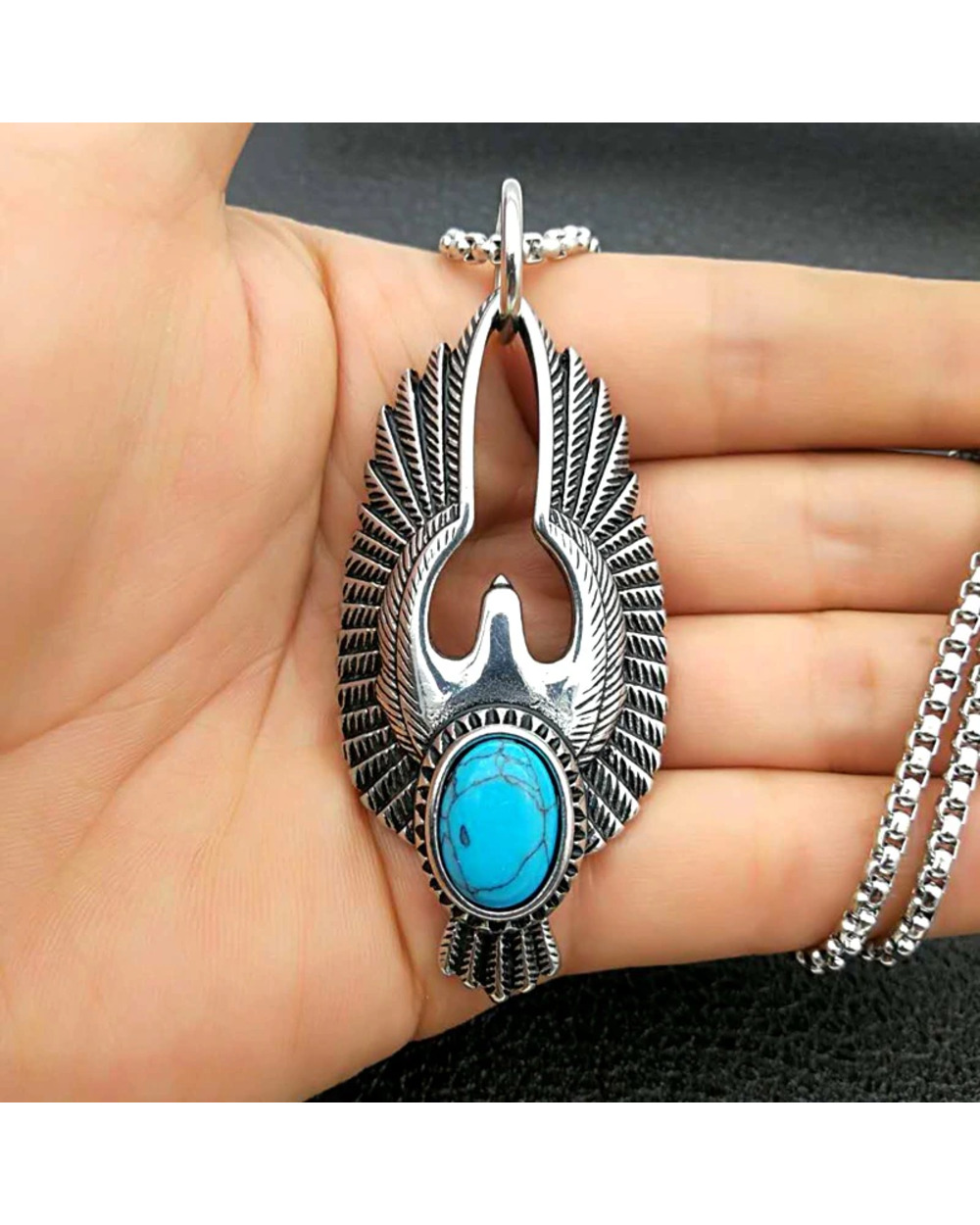 Mens Necklaces silver color green stone Flying Eagle Pendant Choker Male HipHop Fashion Animal Jewelry Accessories front-0