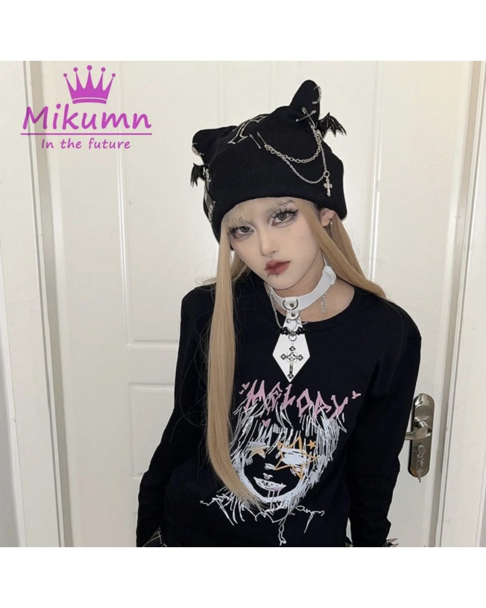 Mikumn Gothic Grunge Cat Ear Bat Wing Black Beanie Hat Harajuku Punk Cross Chain Knitted Hat Women Winter Warm Chic Str front-4