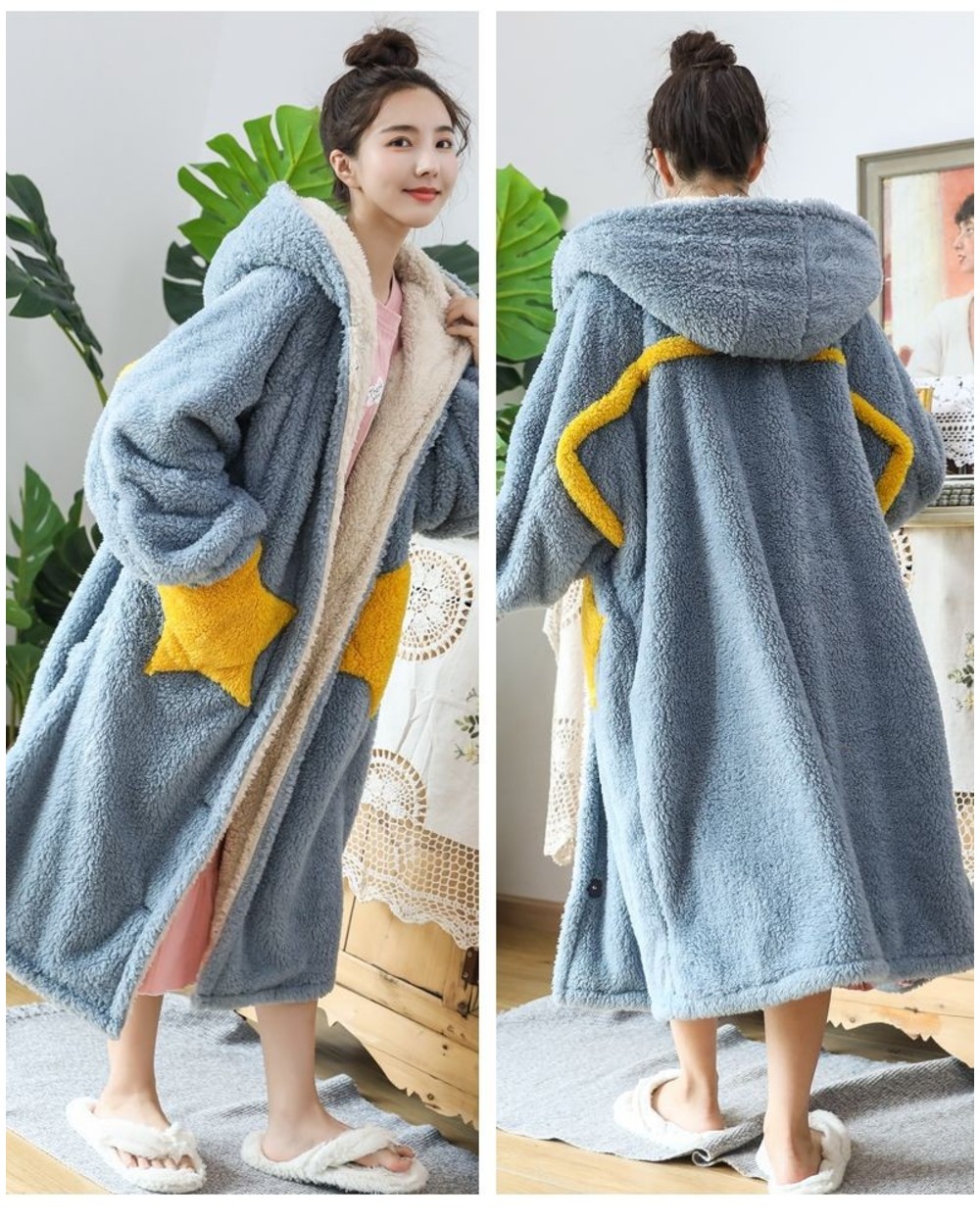Korean Kawaii Cute Oversized Women Flannel Blanket Hoodies Winter Warm Clothing Home Coats Female Pocket Sweatshirts front-5