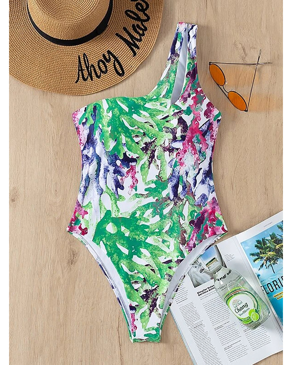 Plavky 2022 Sexy Women Colorful Coral One Shoulder Swimsuit One Piece Bodysuit Sexi Cut Out Swimwear Bathing Suit Swim front-4
