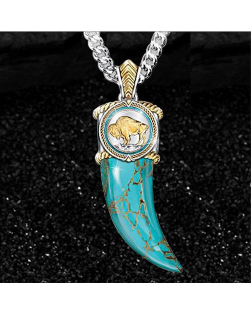 Mens Jewellery Locket Vintage Gothic Accessories Buffalo Horns Turquoise Agate Stone front-1