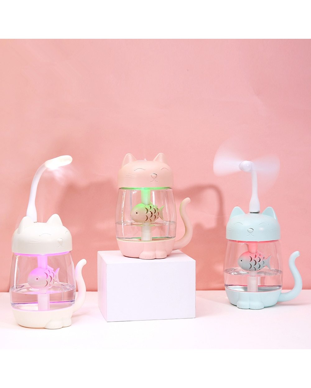 350Ml Cat Air Humidifier With Color Led Light Ultrasonic 3 In 1 Adorable Cat Eat Fish Humidificador Usb Aroma Diffuser front-0