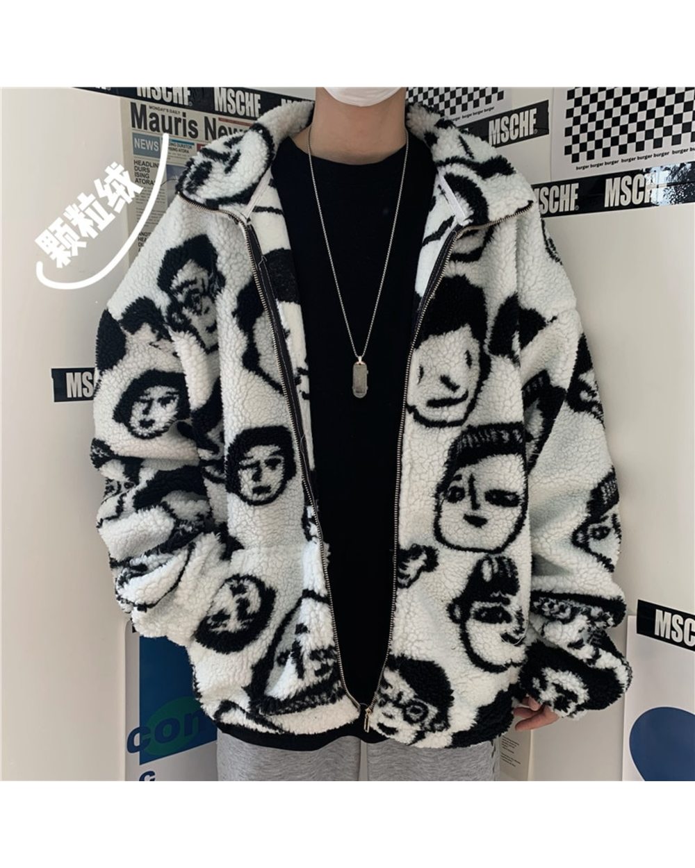 Korean Winter Harajuku Style Coat Cute Cartoons Jacket Lambswool Keep Warm Zipper Outerwear front-1