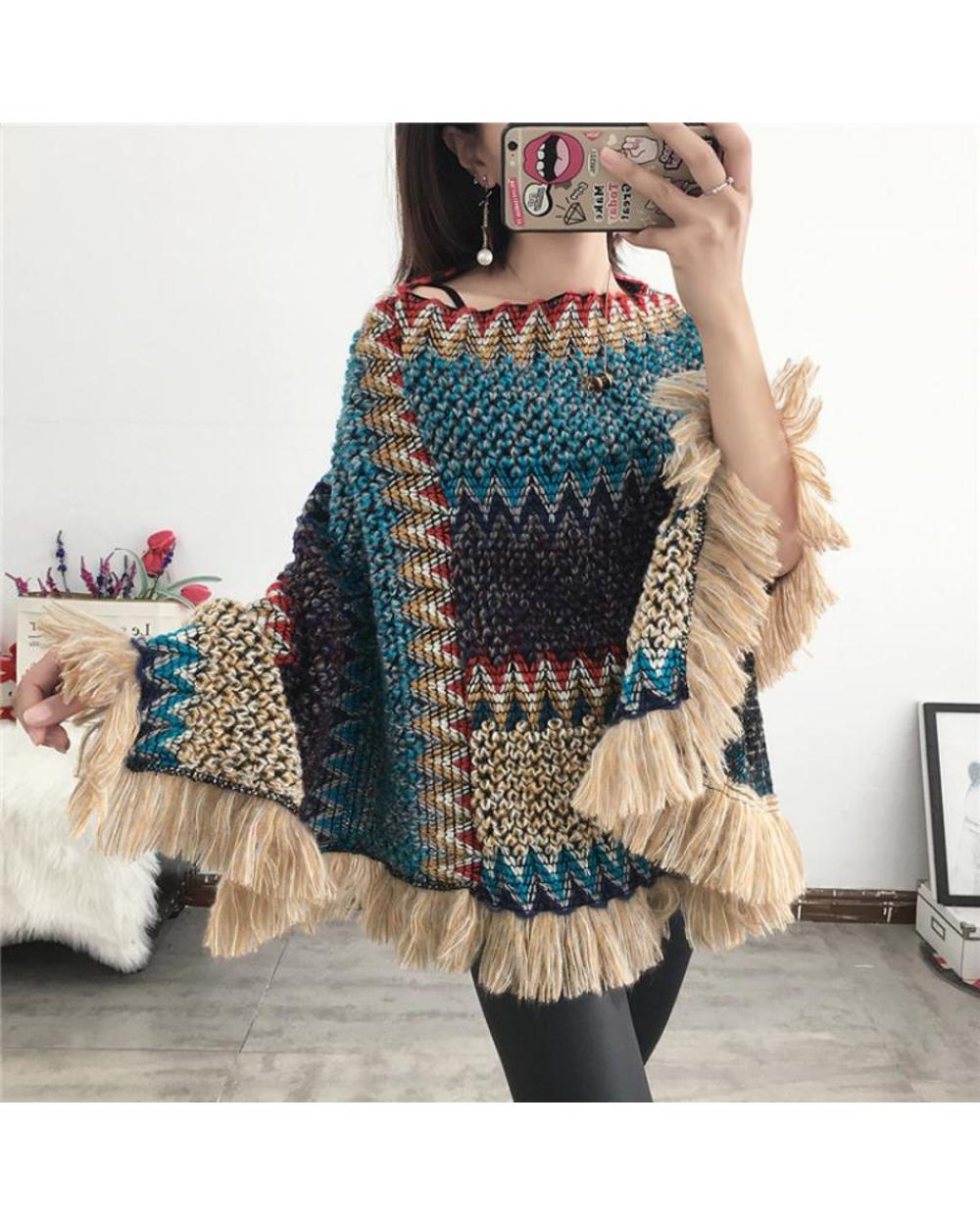 Poncho Capes Autumn Female Fashion Bohemian Poncho Cloak Tassel Winter Clothing VG06 front-3