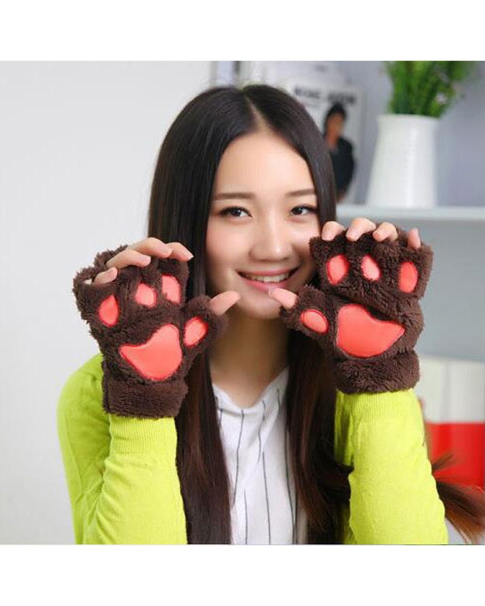 Women Lovely Cartoon Fluffy Bear Cat Claw Paw Mittens Winter Female Half Finger Plush Gloves Ladies Fingerless Warm Glo front-1