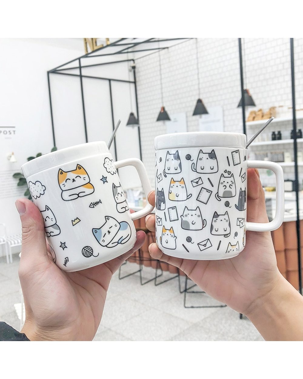Cute Cat Mug With Lid and Spoon Large Capacity Breakfast Cereal white Ceramic Cartoon Pet Kawaii Milk Coffee Cup front-1