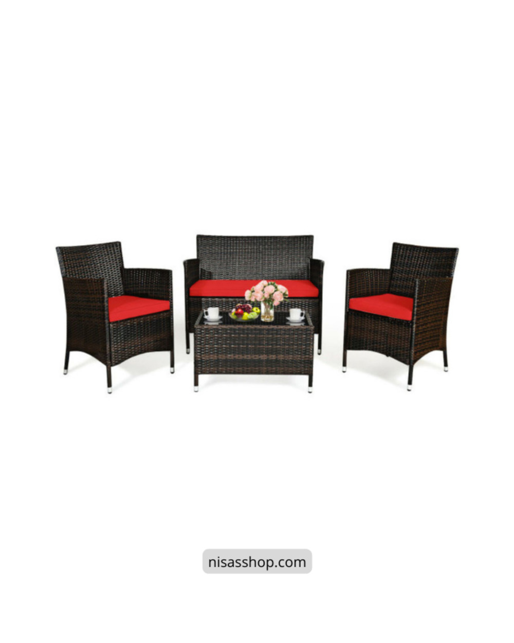 4PCS Rattan Patio Furniture Set Cushioned Sofa Chair Coffee Table front-0