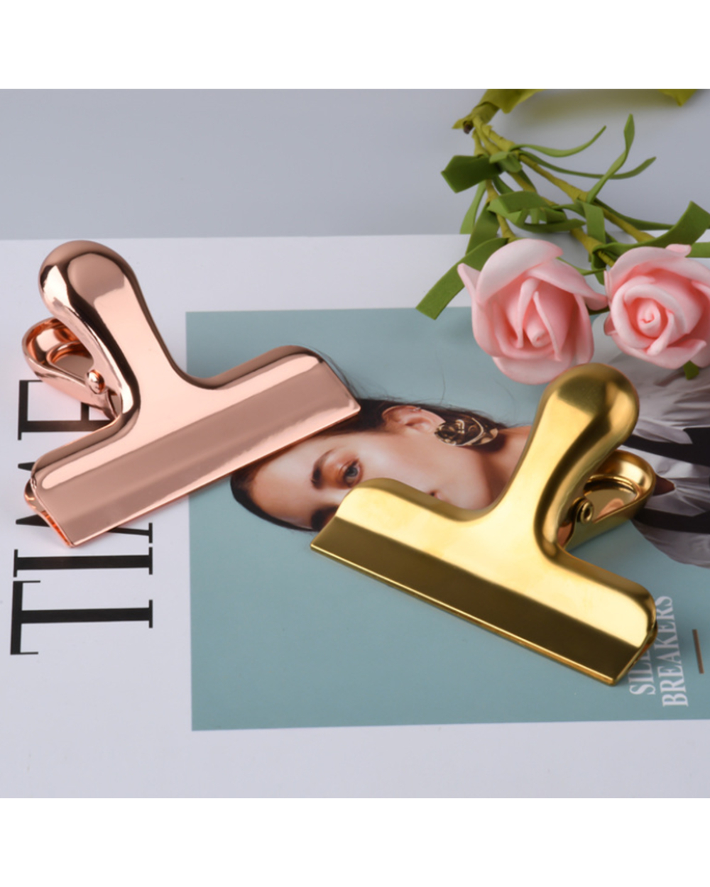 Pretty Binder Clamp Luxurious Rose Gold Metal Clip Paper Bill File Bag Organizer Student Stationery School Office Suppl front-0