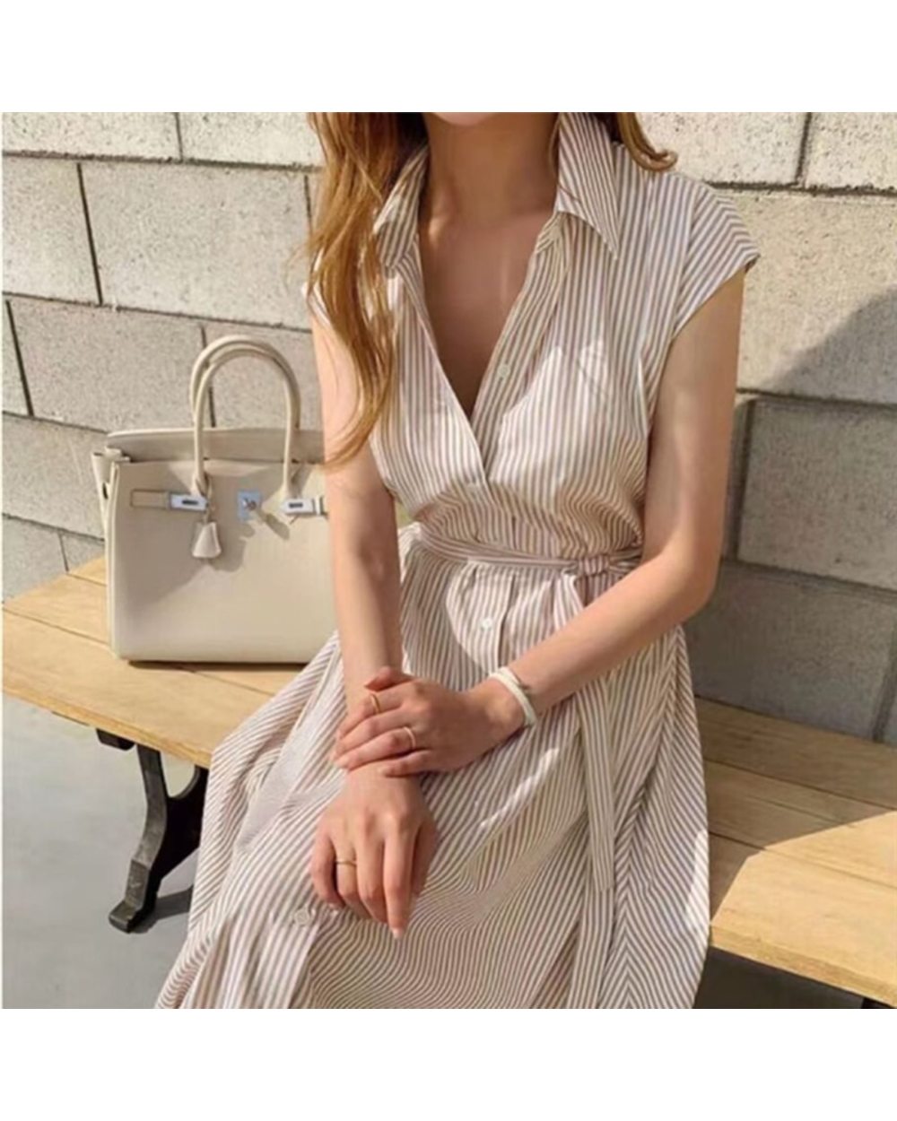 Women Spring Summer Shirt Dress Multi Colors Casual Sleeveless Striped Oversize Lace Up Long Dress front-1