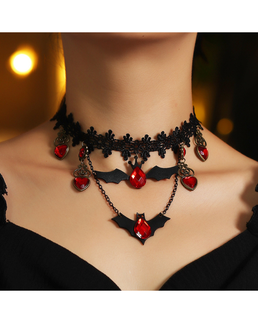 Gothic Jewelry Red Bat Halloween Necklace for Women front-0
