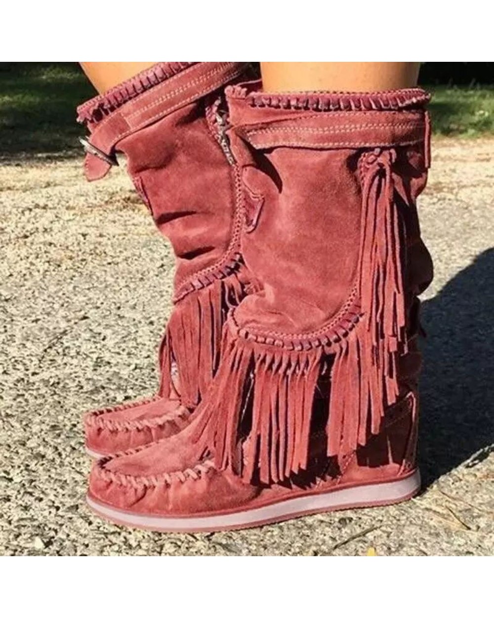 Pirate Boots Woman Pleated Tassel Mid-calf Boots Womens Sewing Footwear Buckle Leather VG06 front-3