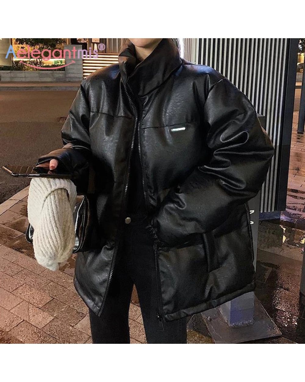 Faux Leather Jacket Women Puffer Parka Black Thick Korean Oversized Coat Female Outerwear front-0