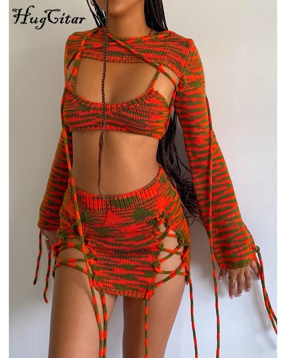 Knitting Women Long Sleeve Crop Top Drawstring Mini Dress Set Autumn Y2K Streetwear Outfit Fashion front-1