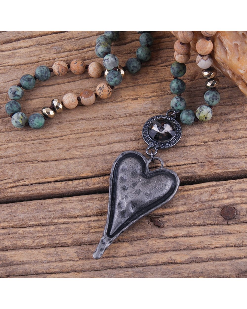 Bohemian Tribal Long Knotted Chain Crystal Links Metal Heart Pendant Necklaces front-3