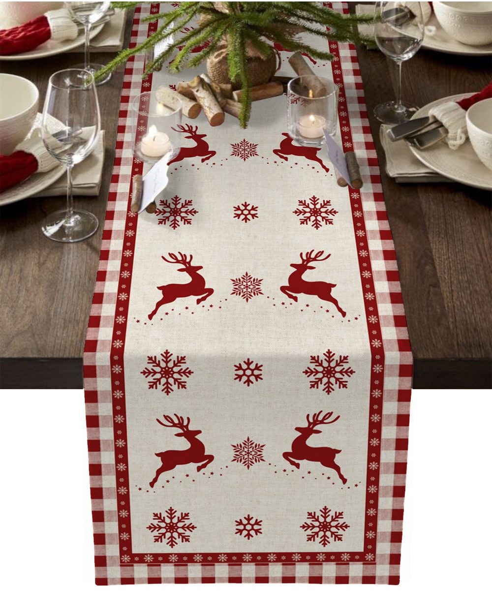 Christmas Table Runner. Tree Elk Snowflake Plaid Christmas Family