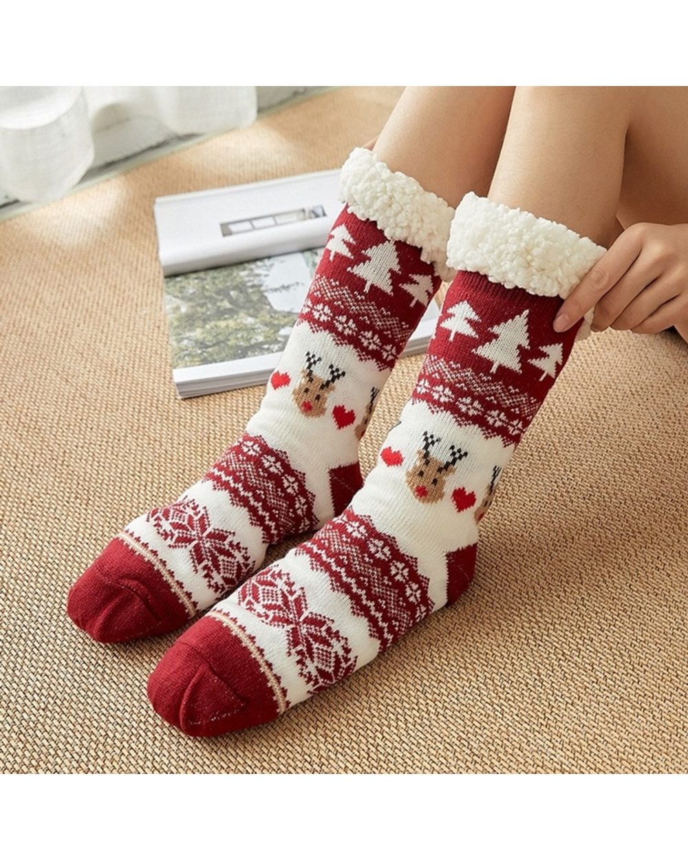Home Slippers Women Winter Floor Shoes Christmas Elk Indoor Socks Shoes Warm Fur Slides Ladies Plush Slippers Pantoffels front-3