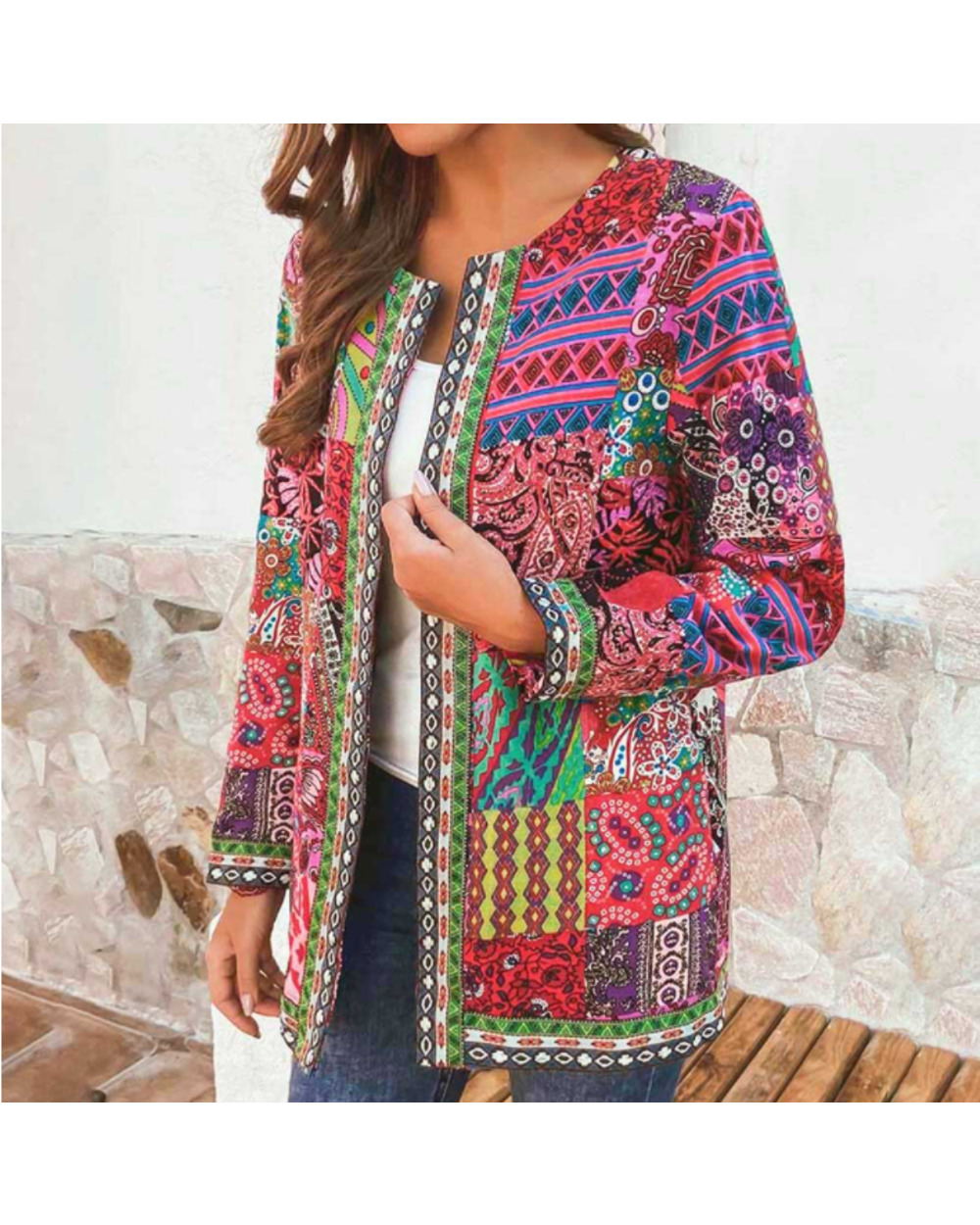 Coat Women Fashion Autumn Winter Ethnic Floral Print Long Sleeve Loose Jacket VG06 front-0