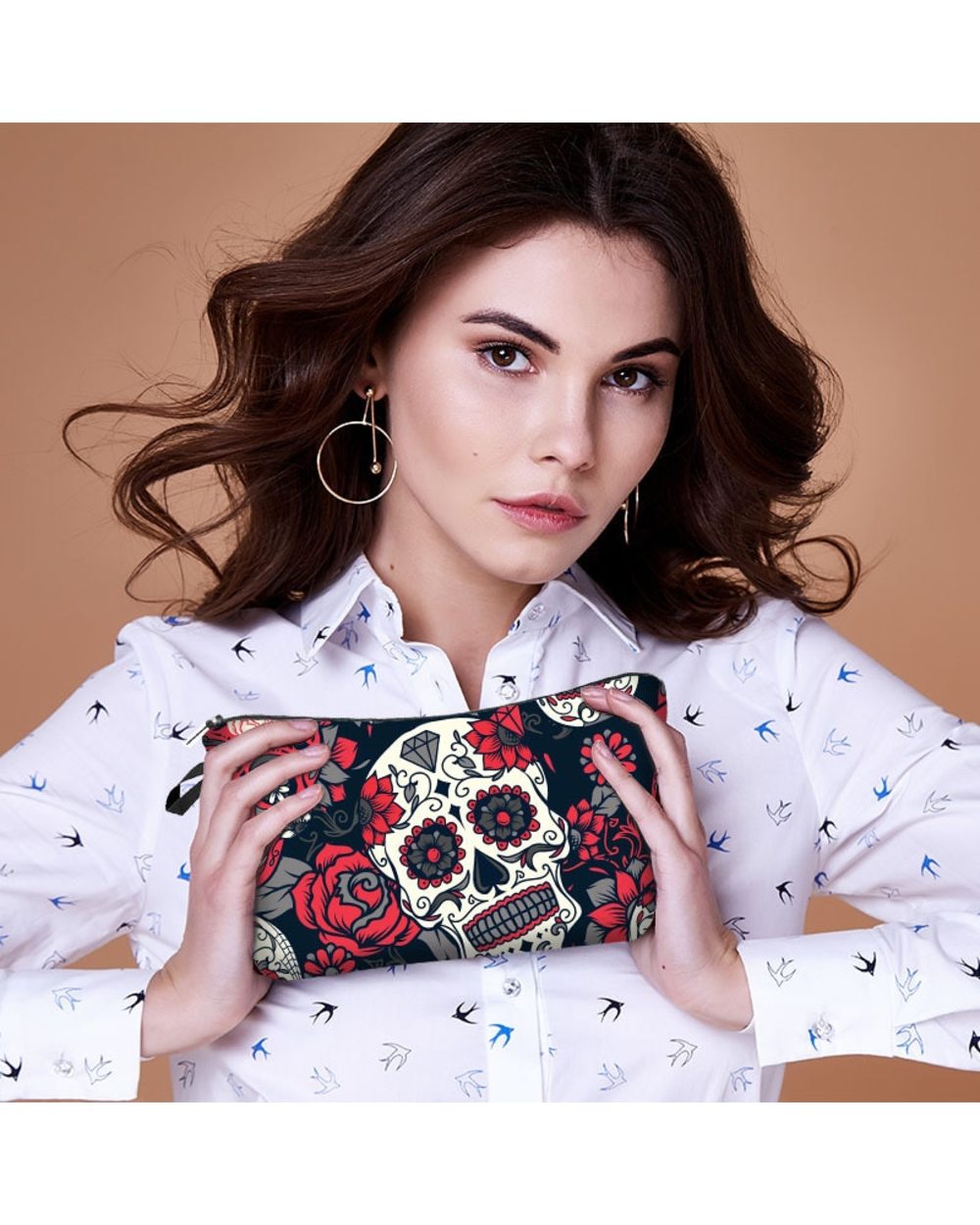 Skull Print Pattern Women Waterproof Cosmetic Bag Toiletry Storage Organize Travel Makeup Bag Female Wash Pouch front-0