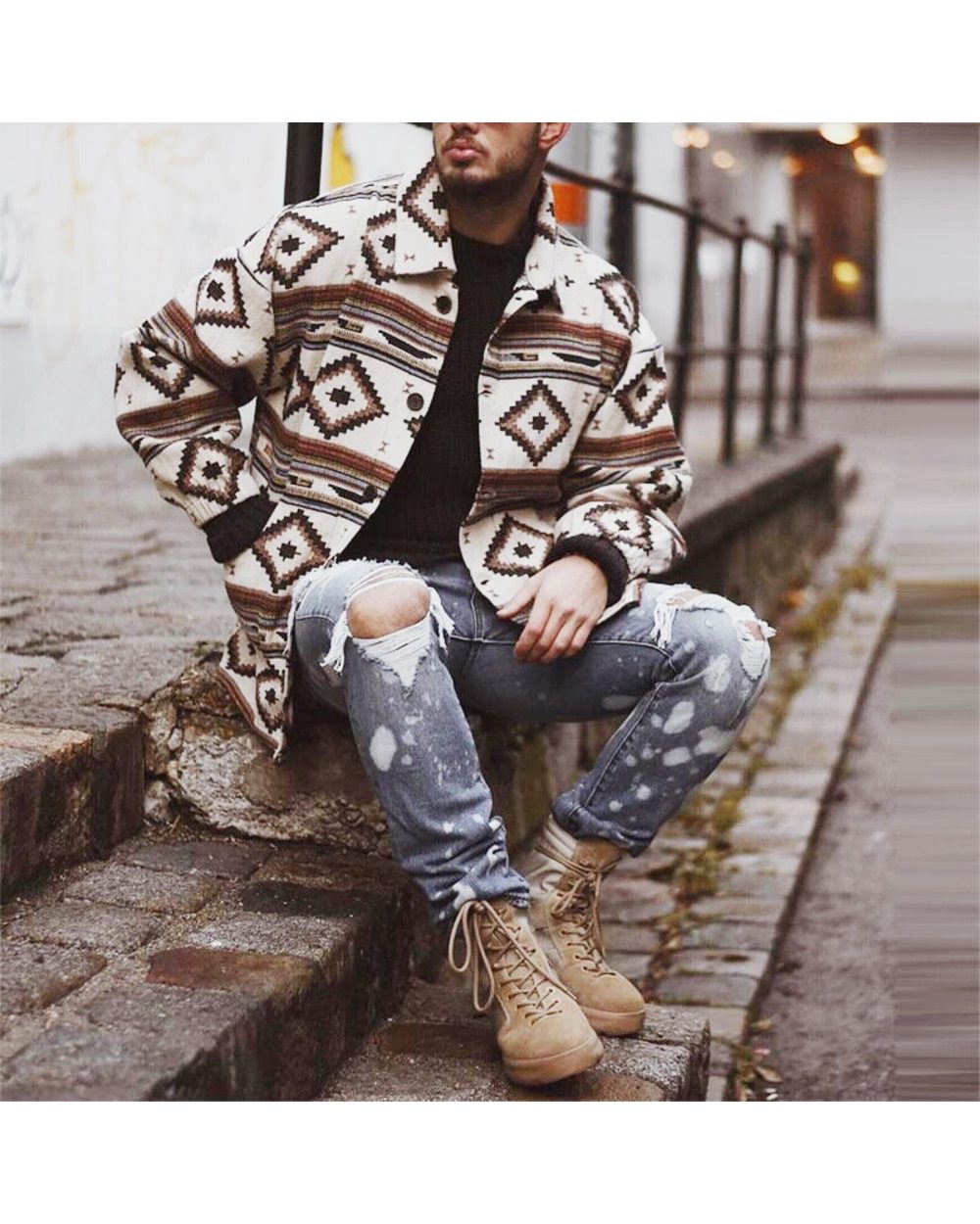 Winter Fashion Printed Wool Blazer Jackets fastener Lapel Mid -Length Overcoats Contrast Color Cardigan Jacket VG06 front-1