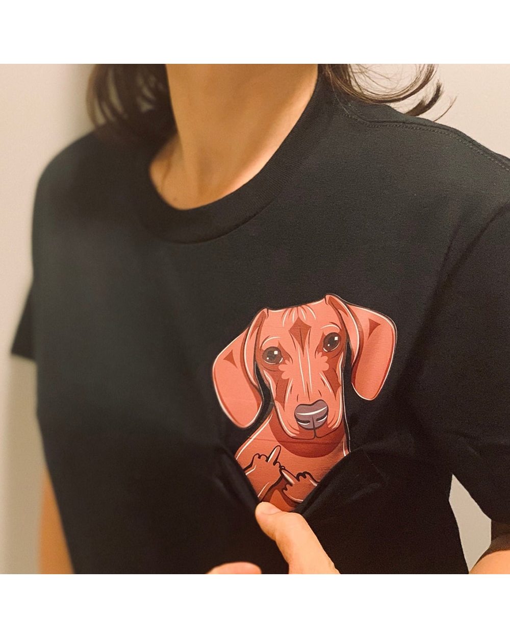 Dachshund Dog with Middle Finger In The Pocket Funny Printed T-shirt Cotton Tees front-0