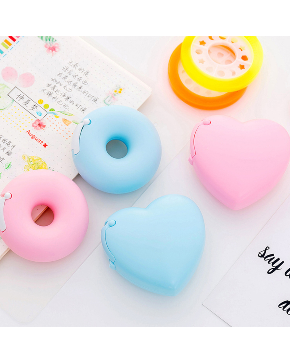 Korea Creative Cartoon Tape Dispenser Stationery Portable Donut Tape Holder Invisible Tape Cutter With Small Tape Inside front-2