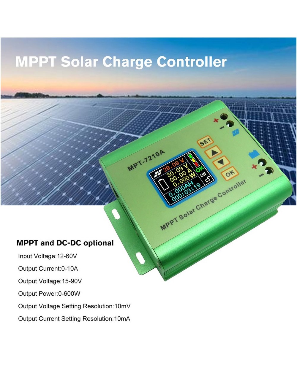Mpt7210A Color Lcd Display Mppt Solar Panel Charge Controller 24/36/48/60/72V Boost Solar