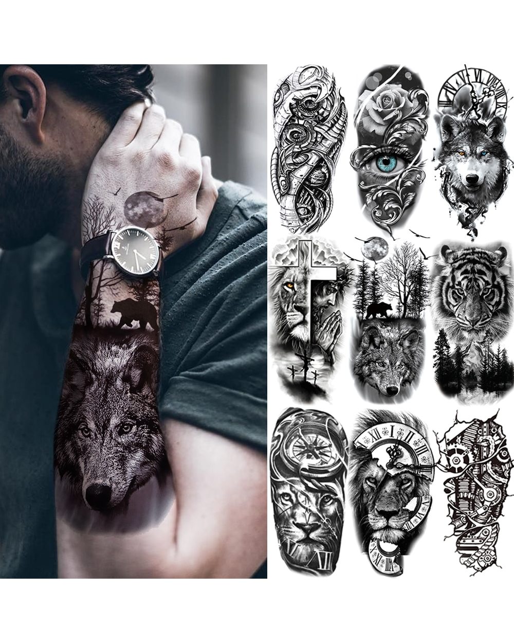 Black Forest Tattoo Sticker For Men Women Children Tiger Wolf Death Skull Temporary Tattoo Fake Henna Skeleton King front-0