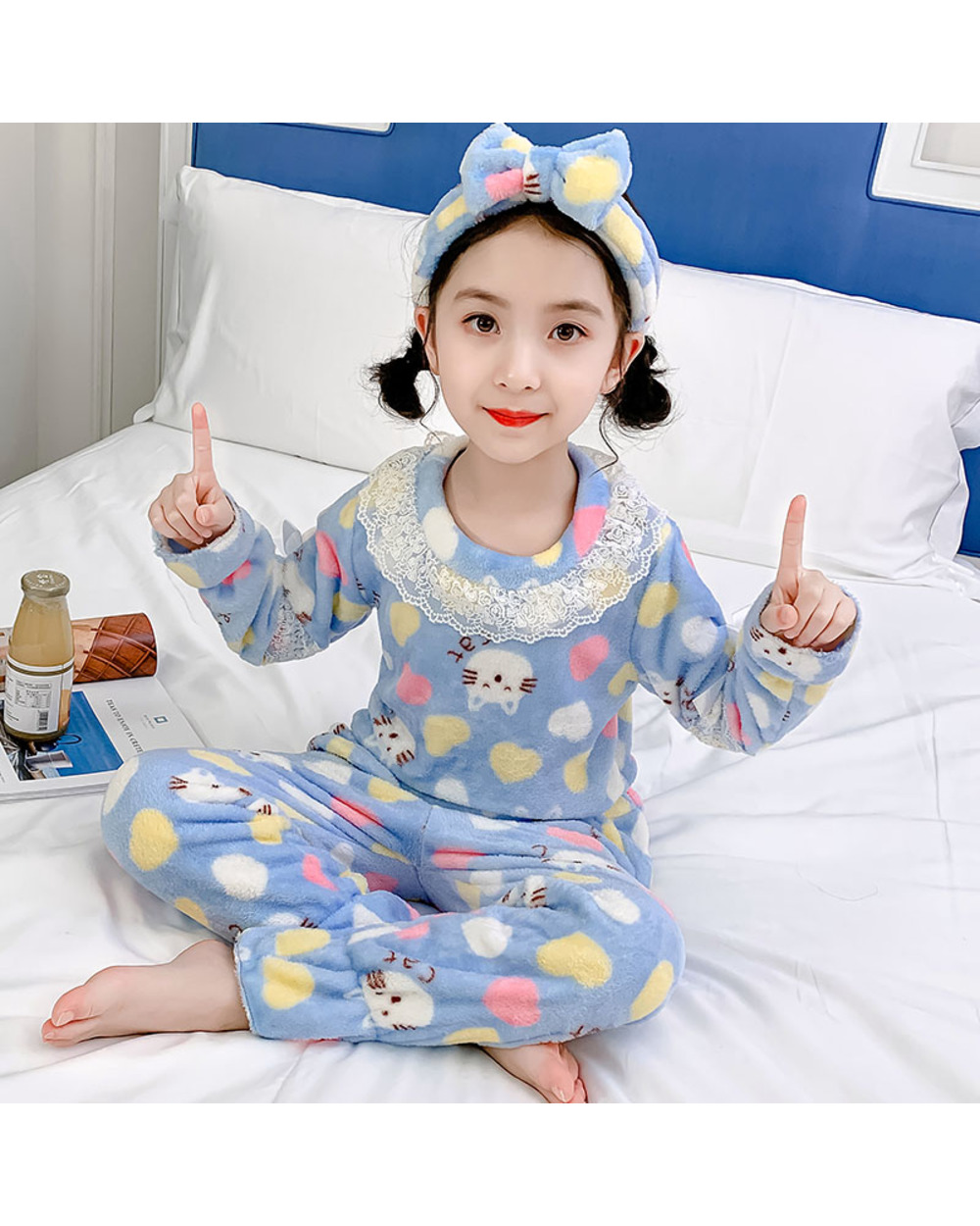 BIG Girl Wear Autumn Winter Long Sleeve Warm Flannel Pajamas Set Cute Girl Sleepwear Set Send Hair Band Christmas Gift front-5